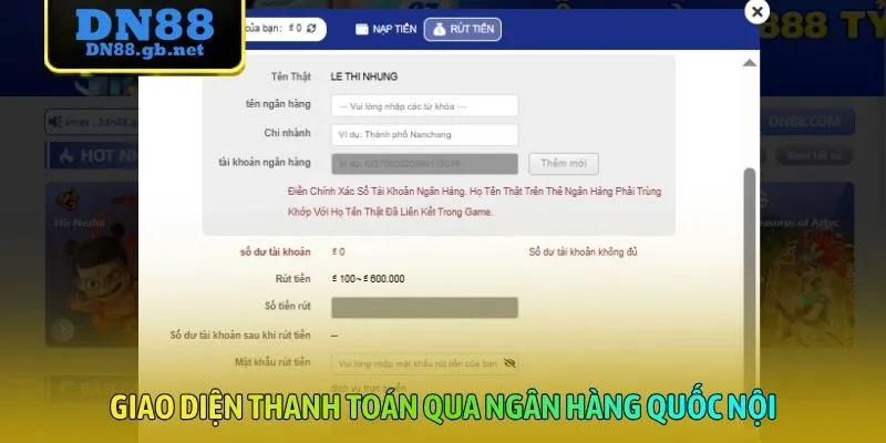 Giao diện thanh toán qua ngân hàng quốc nội
