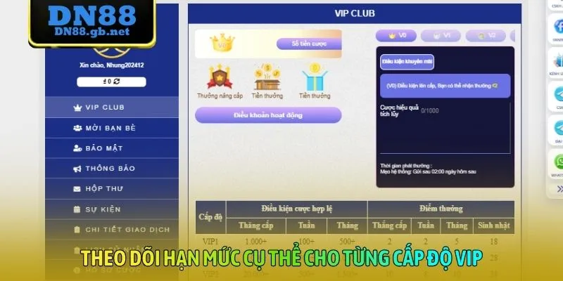 Theo dõi hạn mức cụ thể cho từng cấp độ VIP